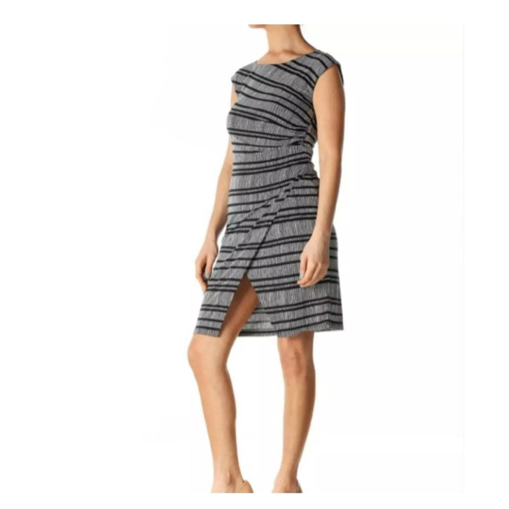 LOFT sz L Black and White Striped corporate midi sheath faux wrap dress